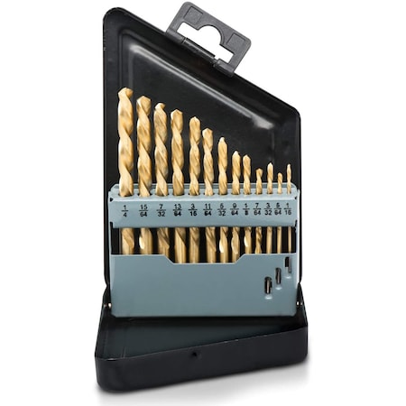 Neiko High-Speed Steel Left-Hand Drill-Bit Set with Titanium Nitride Coating, SAE Sizes, 13-Piece Set 10038A