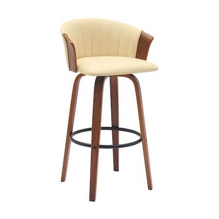Homeroots 30" Cream And Wood Brown Faux Leather Swivel Bar Height Bar Chair 534422