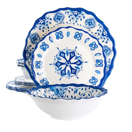 Elama Blue Garden 12 Piece Scalloped Lightweight Melamine Dinnerware Set in Blue EL-BLUEGARDEN