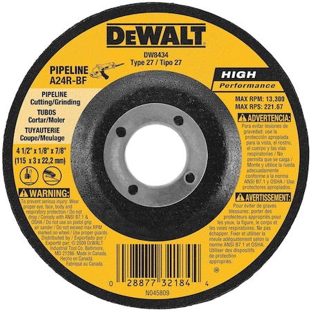 Dewalt Cut-Off & Grinding Wheel, Type 27, 4 1/2 in Dia, 0.125 in Thick, 7/8 in Arbor Hole Size, 24 Grit DW8434