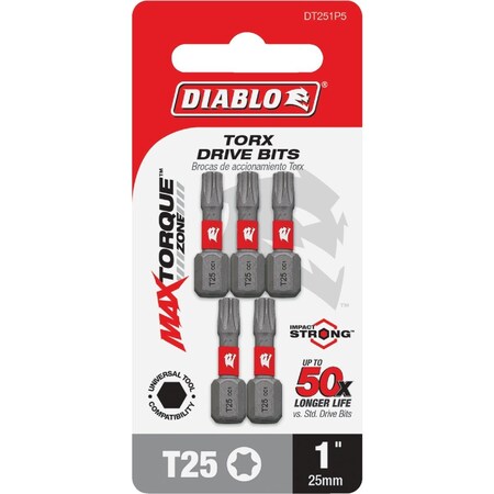 Diablo T25 TORX 1'' Insert Impact Screwdriver Bit, 5PK DT251P5
