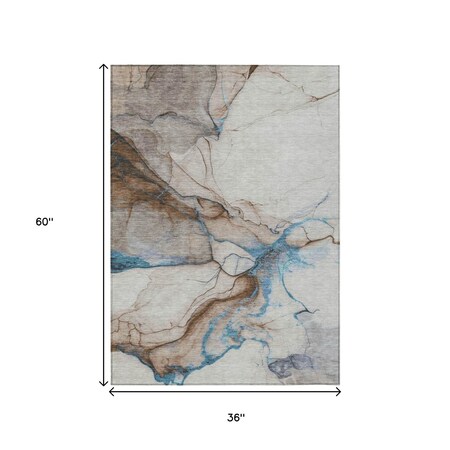 Homeroots 3' X 5' Beige And Blue Abstract Washable Indoor Outdoor Area Rug 617860