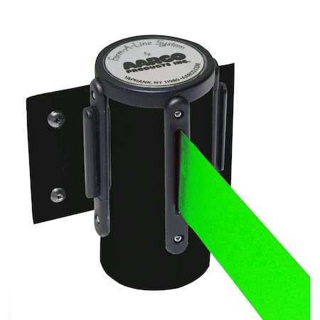 Aarco Form-A-Line System, Wall Mounted Retractable Belt w/ a Black Casing, 10' Green Belt WM-10BKGR