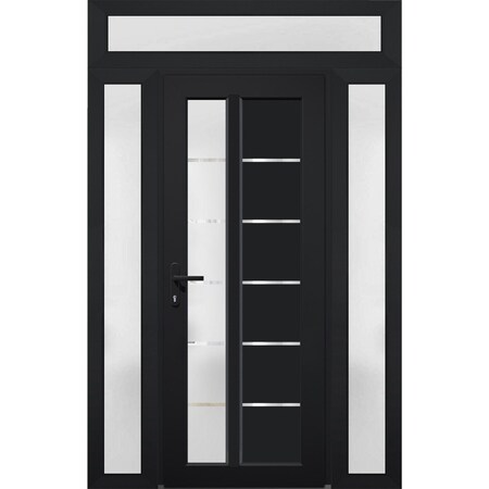Vdomdoors Front Exterior Prehung FiberGlass Door Frosted Glass / Manux 8088 Matte Black / 2 Sidelight and Tra MANUX8088EXD-BLK-W16+36+16 x H80+14-RH