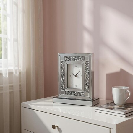 Homeroots 16" Silver And Black Faux Crystal And Mirrored Glass Table Clock 635641