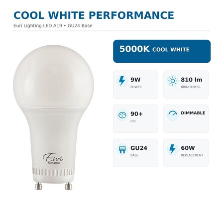 Euri Lighting A19 LED Bulb, 9W, 810 lm, 60W Eq., 5000K Cool White, GU24, CEC/JA8, UL EA19-9W5050CG
