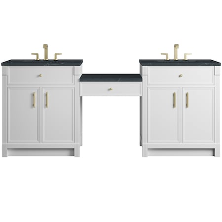 James Martin Vanities Bellshire 84" Dual Vanity Set w/24" Make-Up Counter, Bright White w/3 cm Charcoal Soapstone Sileston 660-VMC84-BW-3CSP