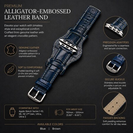 Elegani Leather Band Compatible with Apple Watch 42mm, Blue, Blue/Yellow Gold/Rose Gold Buckle VTCASB-BLU-42