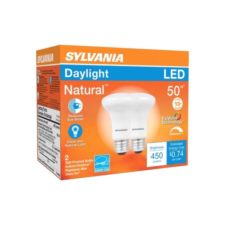 Sylvania Natural LED Bulb, R20 Spotlight Lamp, 45W Equivalent, Dimmable, Frosted, Daylight Light, 2PK 40790