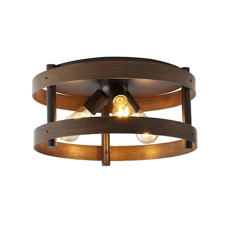 Jonathan Y Cooper 16 in. 3-Light Farmhouse Industrial Iron LED Flush Mount, Brown Wood Finished/Oil Rubbed Bronz JYL1305A