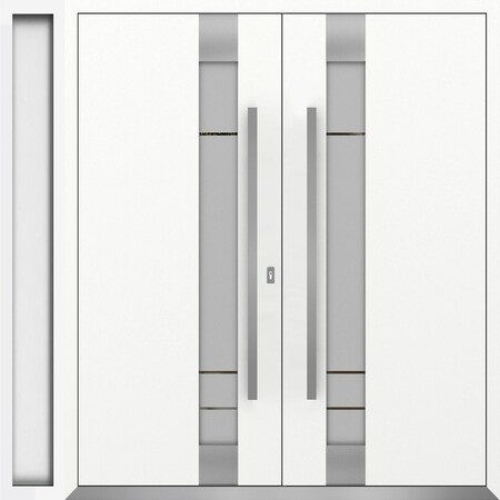 Vdomdoors Metal Double Doors Deux 1713 White Enamel Frosted Glass 1 Sidelight Entry Modern Painted 86x96 (W72 DEUX1713DEXD-BEM-W72+14xH96-LH-O