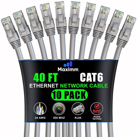 Maximm Cat6 Ethernet Cable 40ft 10Gbps 550MHz UTP, 10PK, Gray, 10PK CAT6-CCA-40FTGRAY-10PK