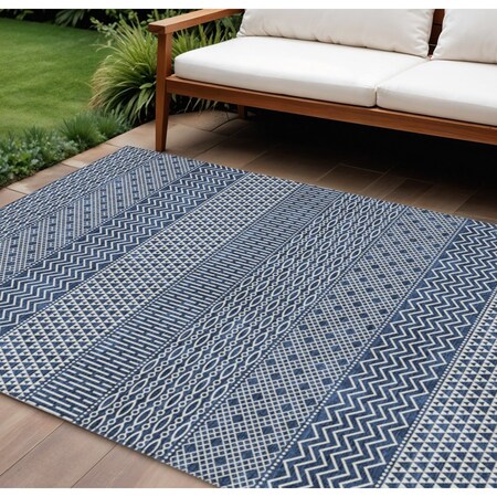 Homeroots 8' X 10' Navy Blue And Ivory Chevron Washable Indoor Outdoor Area Rug 612283