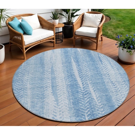 Homeroots 8' Sky Blue And Denim Blue Round Botanical Leaves Washable Indoor Outdoor Area Rug 581986