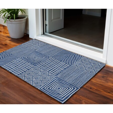 Homeroots 3' X 5' Navy Blue And Ivory Geometric Washable Indoor Outdoor Area Rug 600756