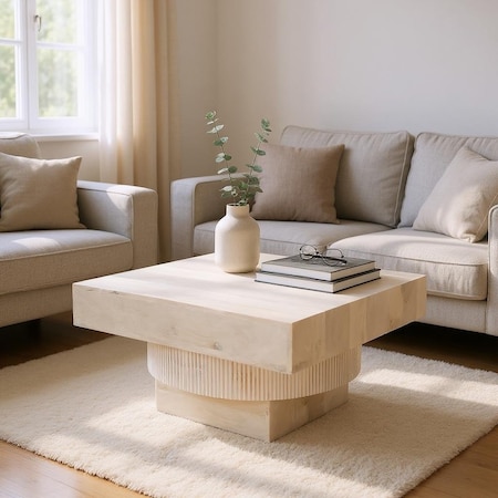 Homeroots 36" Natural White Solid Wood Square Geo Pedestal Coffee Table 556710