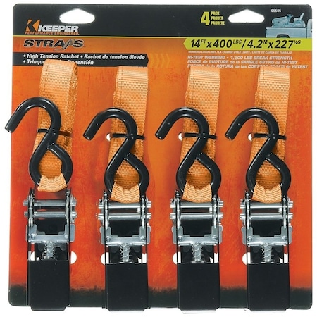 Keeper Tie-Down, 1 in W, 14 ft L, Polyester, Gray, 400 lb, S-Hook End Fitting 05505