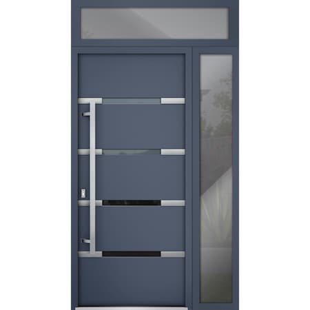 Vdomdoors Steel Door Deux 1105 Gray Graphite Sidelight and Transom Window Stainless Inserts Single Modern Pai DEUX1105EXD-GRE-W36+12xH80+16-RH-O
