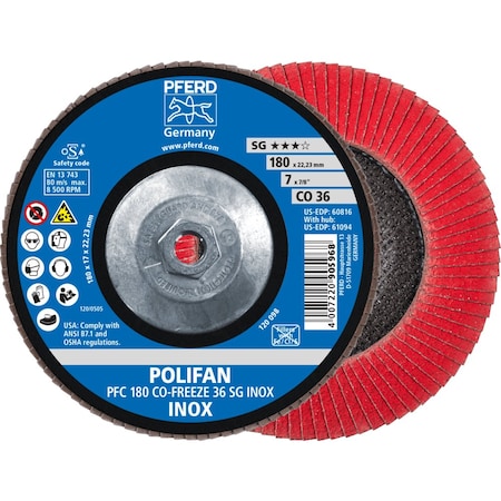 Pferd 7'' x 5/8-11 Thd. A.H. POLIFAN Flap Disc - CO-FREEZE SG INOX, Ceramic oxide, 36 Grit, Conical 61094