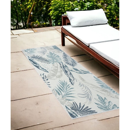 Homeroots 2' X 8' Blue and Serene White Palm Leaf Stain Resistant Indoor Outdoor Runner Rug 548907