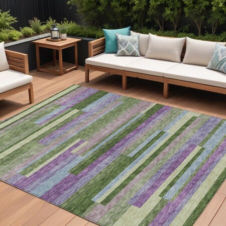 Homeroots 9' X 12' Moss Green Olive Green And Purple Striped Washable Indoor Outdoor Area Rug 613270