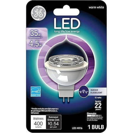 Ge LED Bulb, Flood/Spotlight, MR16 Lamp, 35 W Equivalent, Dimmable, Soft White Light 93095554