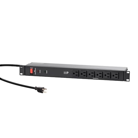 Monoprice Outlet Strip, Surge, Rack Mounted, 5-15R, 5-15P, 6 ft, Black 40002