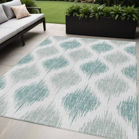 Homeroots 5' X 8' Aqua Teal Blue And Ivory Ikat Washable Indoor Outdoor Area Rug 589069