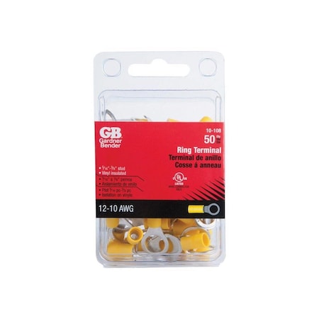 Gb Ring Terminal, 600 V, 12 to 10 AWG Wire, 1/4 to 3/8 in Stud, Vinyl Insulation, Yellow, 50PK 10-108