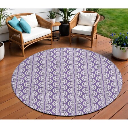 Homeroots 8' Purple And Ivory Round Ogee Washable Indoor Outdoor Area Rug 601598