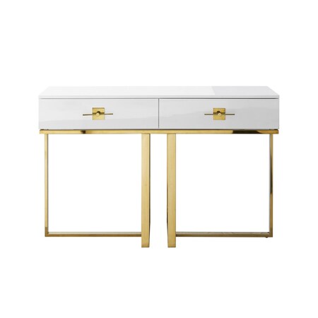 Homeroots 47" White Wood and Gold Stainless Steel Sled Console Table With Two Drawers 543865