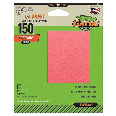 Gator Sanding Sheet, 4-1/2 in L, 4-1/2 in W, Fine, 150 Grit, Aluminum Oxide Abrasive 4073