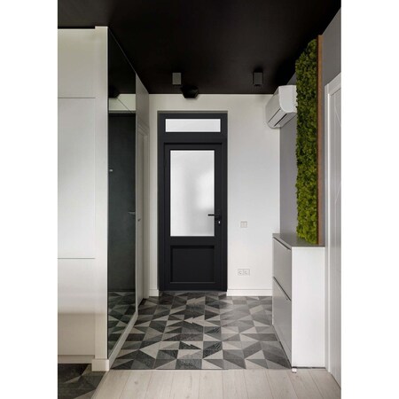 Vdomdoors Front Exterior Prehung FiberGlass Door Frosted Glass / Manux 8422 Matte Black / Transom Window / Of MANUX8422EXD-BLK-W36 x H80+14-RH