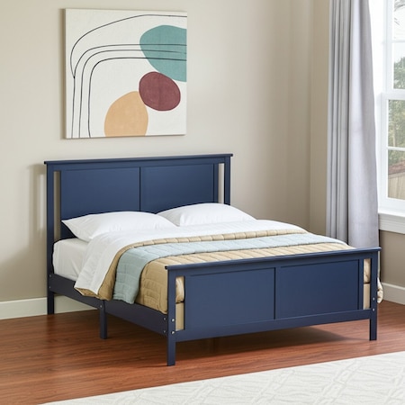Homeroots Blue and Walnut Reversible Inlaid Panels Solid Wood Full Bed Frame 530213