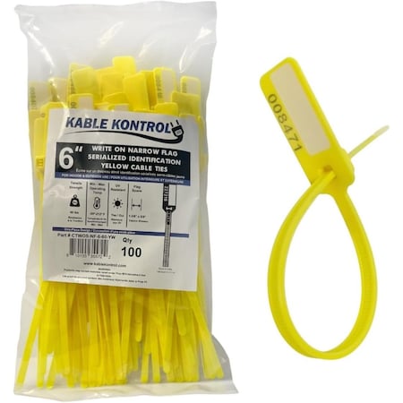 Kable Kontrol Numbered Write-On Flag Zip Tie Tags, 6in L, 60 Lbs Strength, 100 Pcs, Yellow, 100PK CTWOS-NF-6-60-YW
