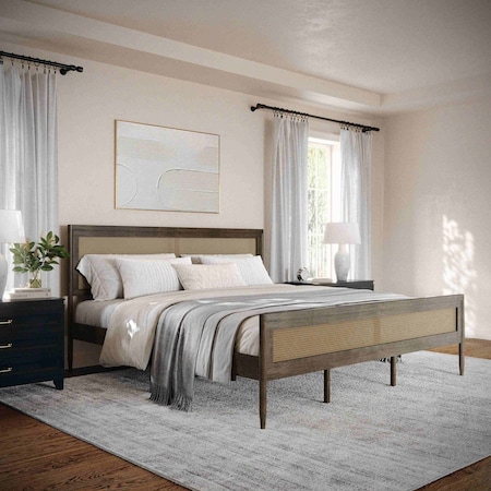 Martha Stewart Jax King Size Solid Wood Platform Bed w/Rattan Headboard and Footboard, Brown Gray MG-090022-K-WOAK-MS