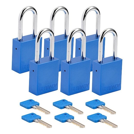 Brady Padlock, Keyed Different, Aluminum, Blue, 1 1/2 in Shackle Height, 1 1/2 in Body Width, 6 PK SDAL-BLU-38ST-KD6