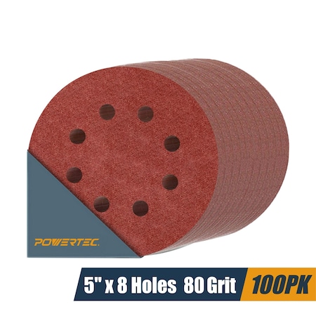 Powertec 5 in. 8 Hole Hook and Loop Sanding Discs, Aluminum Oxide, 80 Grit, 100PK 45008-P4N