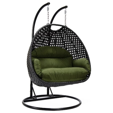 Leisuremod Mendoza Charcoal Wicker Hanging 2 person Egg Swing Chair with Dark Green Cushions MSCCH-53DG