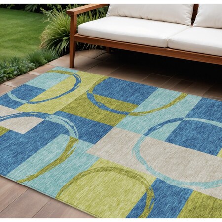 Homeroots 10' X 14' Denim Blue And Lime Green Geometric Washable Indoor Outdoor Area Rug 612580