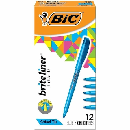 Bic Brite Liner Highlighter with Pocket Clip, Chisel Tip, Blue Ink, Dozen BL11BE