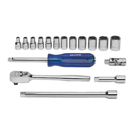 Williams Socket Set, 1/4" D, 6Pt, 17pcs., JHWMSM-17HF JHWMSM-17HF