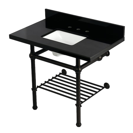 Kingston Brass 36-Inch Black Granite Console Sink with Brass Legs and Shelf, 8-Inch, 3-Hole KVPK3630KBSQB5