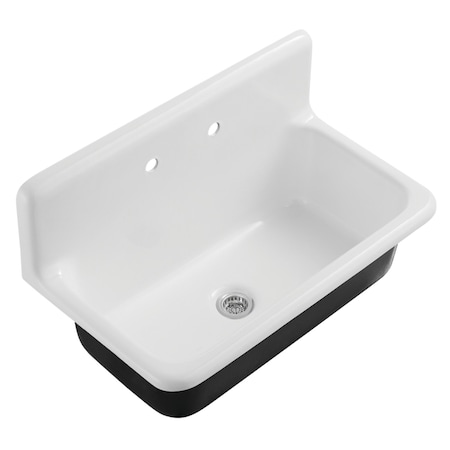 Kingston Brass 36" Cast Iron Single Bowl Wall Mount Kitchen Sink, 2-Hole with Strainer, White/Polished Chrome KGCKWS3620111