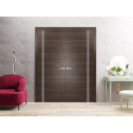 Sartodoors Solid French Double Doors, Planum 0310 Chocolate Ash and Aluminum Strips, Wood Solid Panel Frame Tr PLANUM0310DD-CA-36