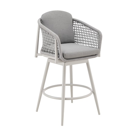 Armen Living Rhodes Outdoor Patio Swivel Bar Stool in Aluminum with Light Gray Rope and Cushions LCRHBALGRY30