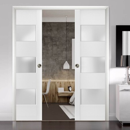 Sartodoors Sliding French Double Pocket Doors 3 Lites, Lucia 4070 White Silk with Frosted Glass, Kit Trims Rai LUCIA4070DP-WS-36