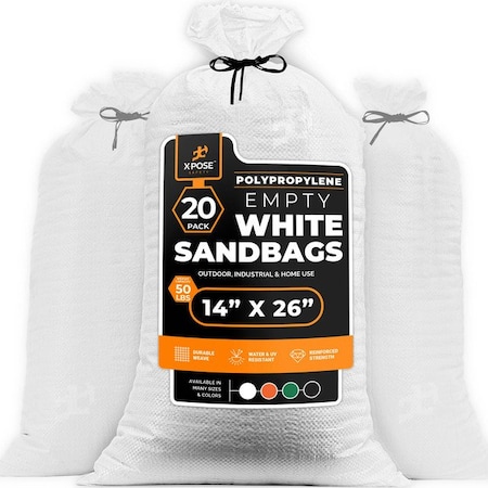 Xpose Safety Woven White Polypropylene Sandbags, 14x26 in, 50 lb Capacity, Reusable Flood Protection, 20PK SBW-1426-20-X