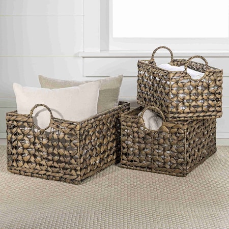Happimess Quinn Bohemian Cottage Woven Hyacinth Rectangular Storage Baskets with Handles, Brown, 3PK BSK2010B-3SET