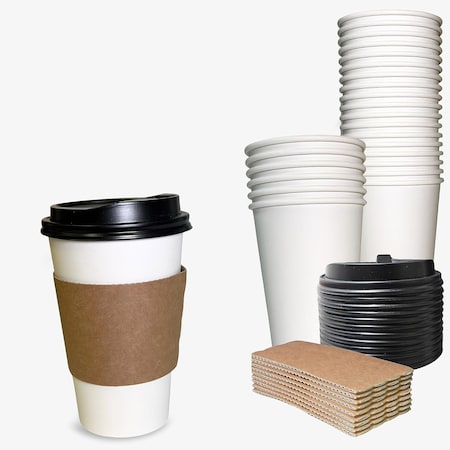 Ecoquality 20oz White Paper Coffee Cups with Black Dome Lids and Sleeves - For Home, Office, 150PK EQ20WHTPCBDLS-150